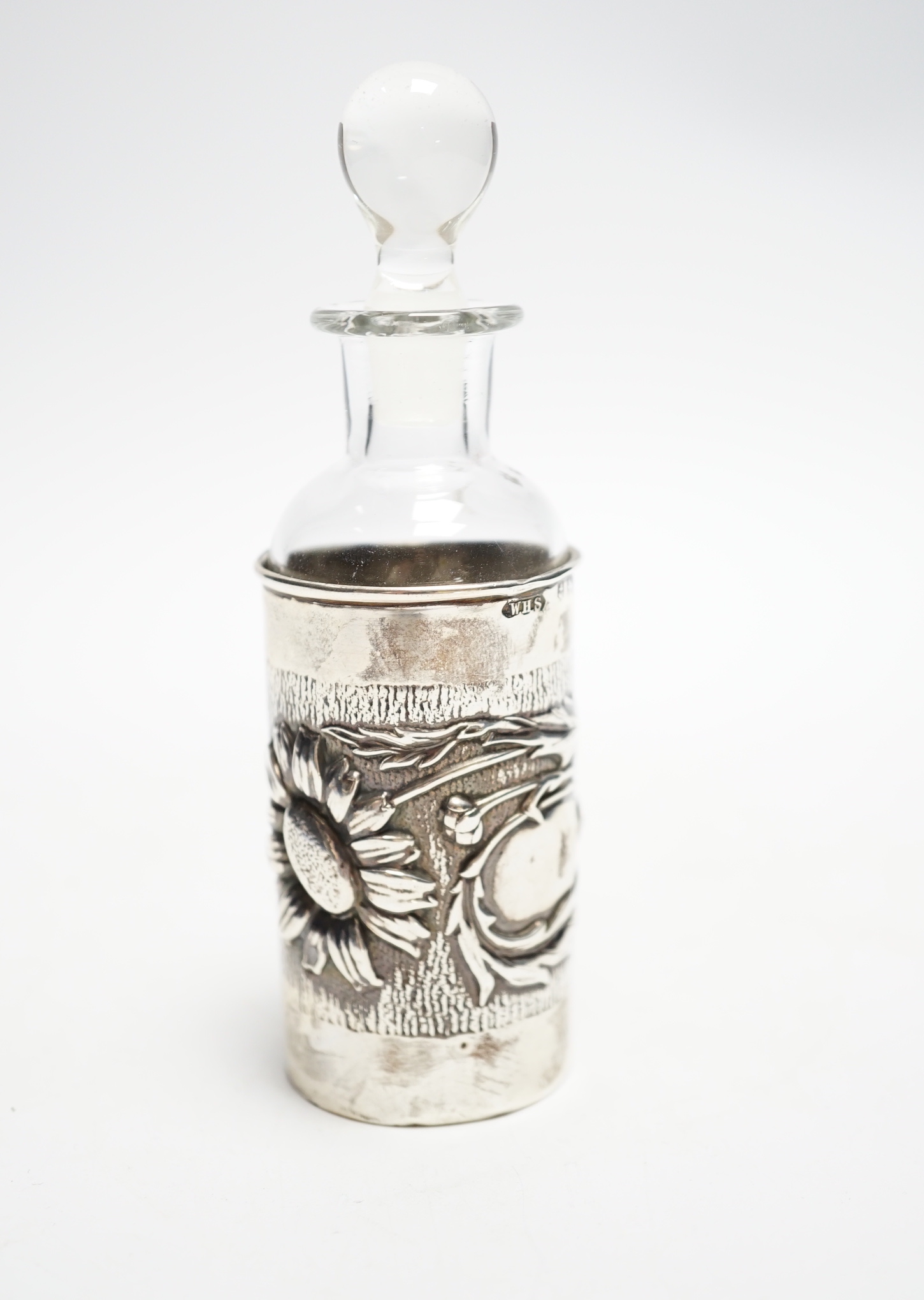 An Edwardian Art Nouveau silver mounted glass scent scent bottle and stopper, William Henry Sparrow, Birmingham, 1903, 11.7cm.